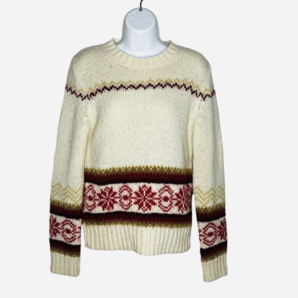 J. Crew Women's Size M Sweater Pullover Fair Isle Wool Blend Cream Red